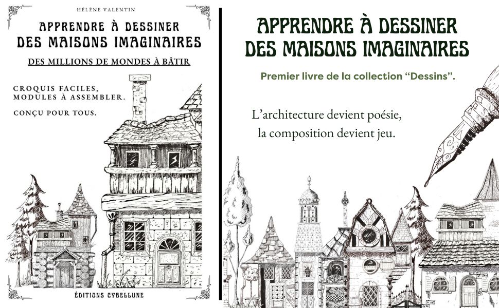 Maisons imaginaires et féeriques dessinées à l'encre.