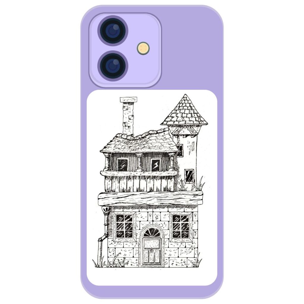 Une maison dessinée à l'encre sur la coque d'un téléphone.