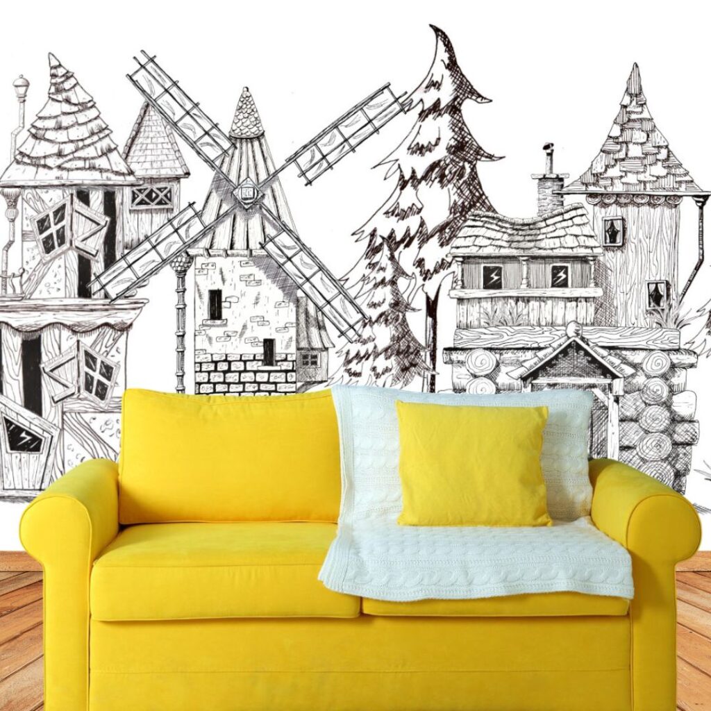 Des maisons dessinées à l'encre sur le mur derrière un canapé.