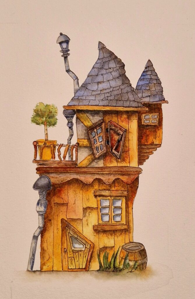 Maison imaginaire dessinée et aquarellée.