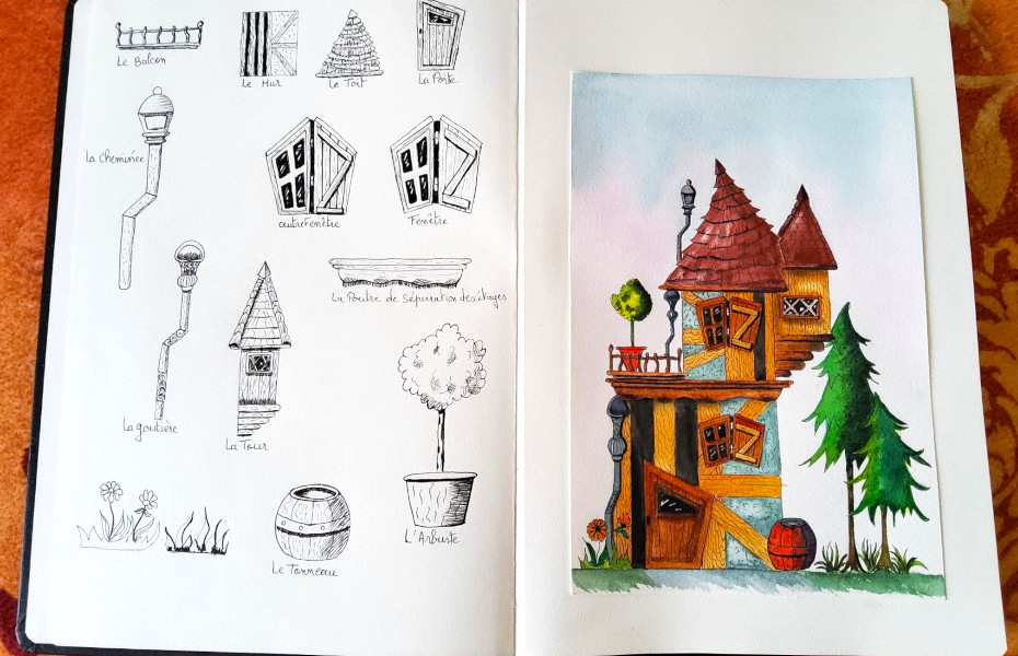 Dessin et aquarelle de maison imaginaire.