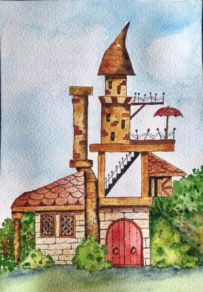 Maison imaginaire à l'aquarelle.
