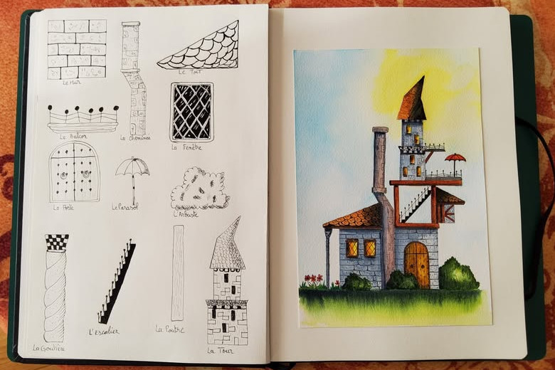 Modules de maison dessinée à l'encre puis peinte à l'aquarelle.