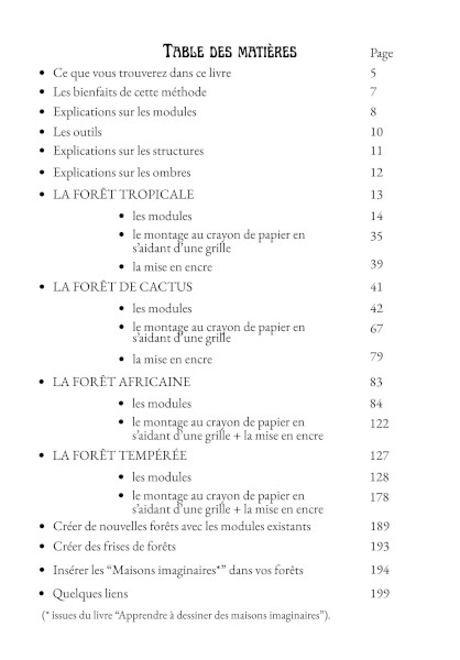 Table des matières "Apprendre à dessiner des forêts imaginaires".