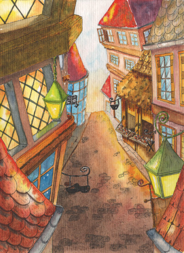 Une cité médiévale à maisons à colombages et rue pav