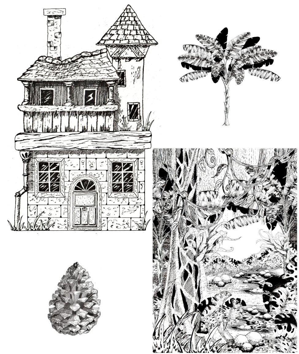 Dessins encre apprendre livre maisons arbres forets helenevalentin