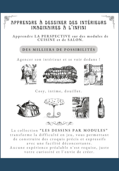 4e de couverture du livre : "Apprendre à dessiner des intérieurs imaginaires- la cuisine et le salon".