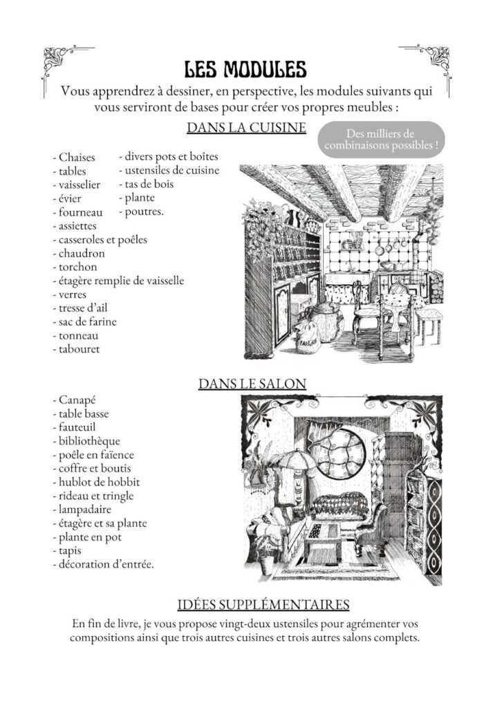 Une cuisine et un salon dessinés à l'encre.