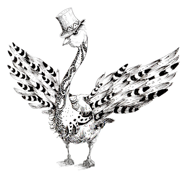 Un oiseau créé en assemblant divers modules de dessins de différents oiseaux. Bestiaire imginaire.
