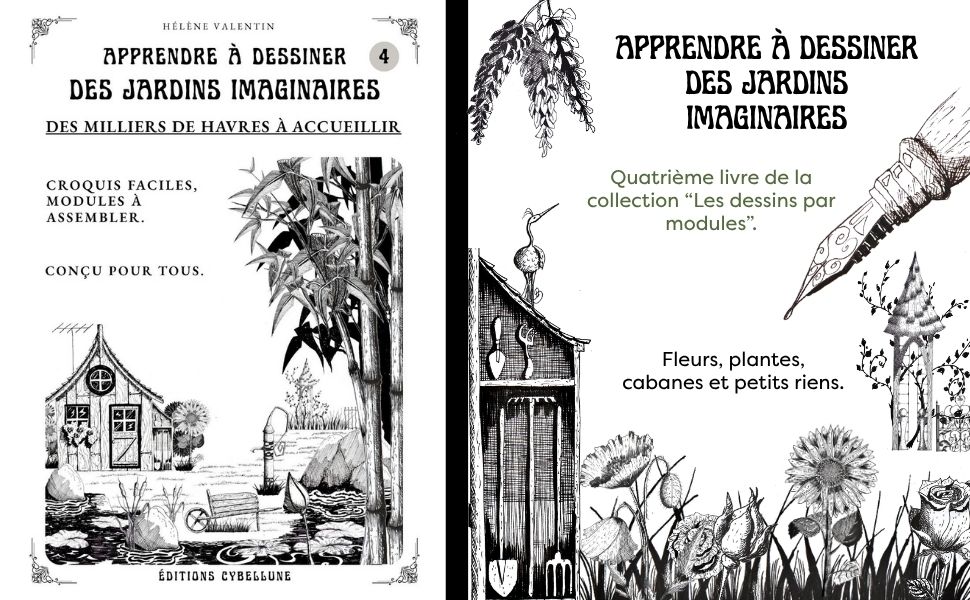 Un jardin imaginaire dessiné à la plume en noir et blanc.