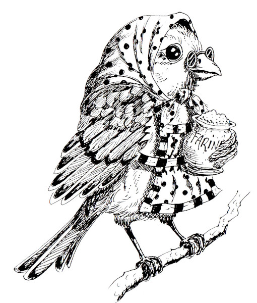 Une grand-mère moineau dessinée à l'encre. Elle porte un foulard, des lunettes et un pot de farine.