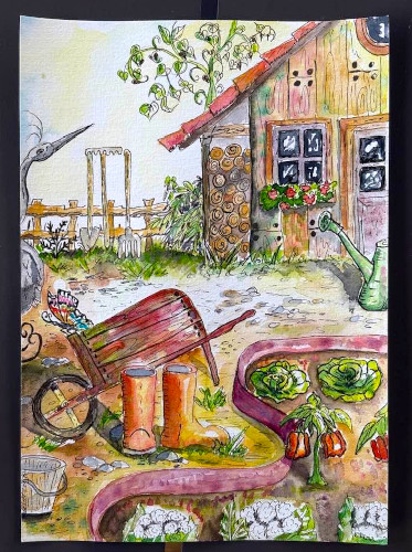 Un jardin potager mis en couleurs à l'aquarelle avec une brouette, des légumes, des bottes et un cabanon.