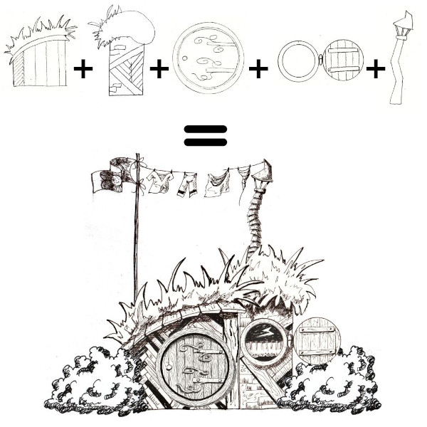 A hobbit house drawn with black ink.